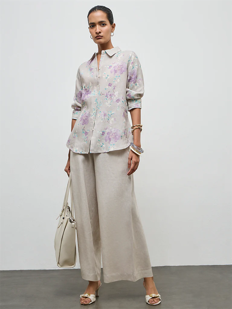 Zuba Beige Floral Pattern Linen Tunic - Image 2