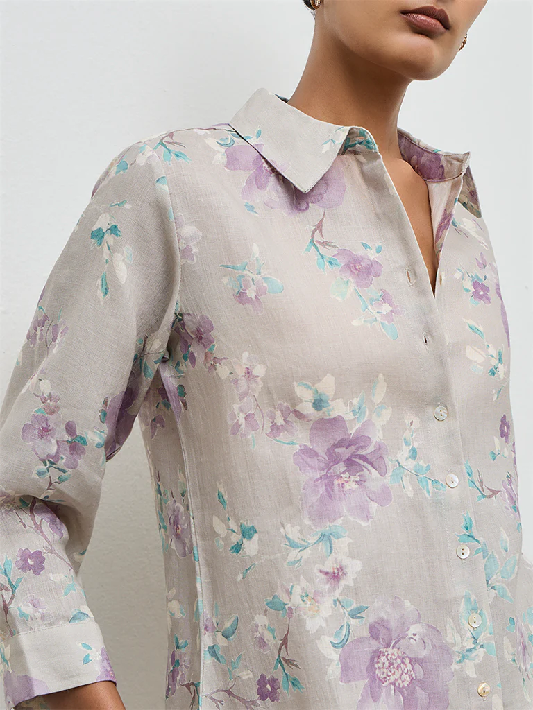 Zuba Beige Floral Pattern Linen Tunic - Image 3