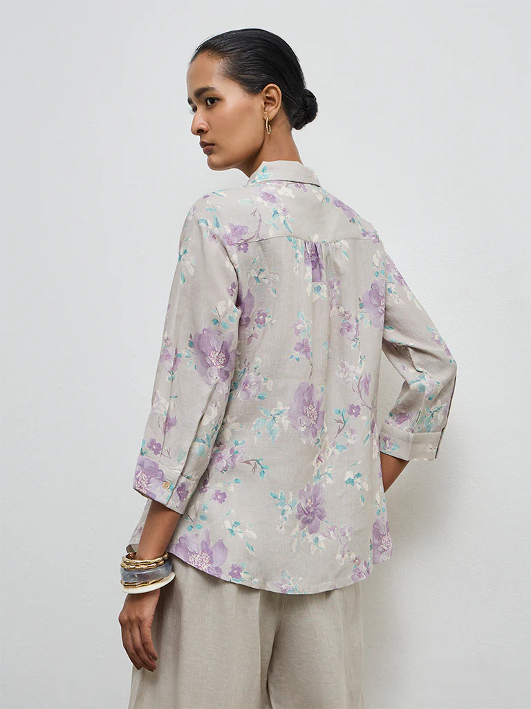 Zuba Beige Floral Pattern Linen Tunic - Image 4
