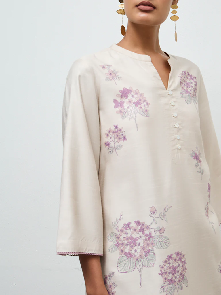Zuba Beige Floral Pattern Straight Kurta - Image 3