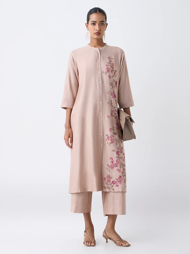 Zuba Beige Floral Printed A-Line Kurta
