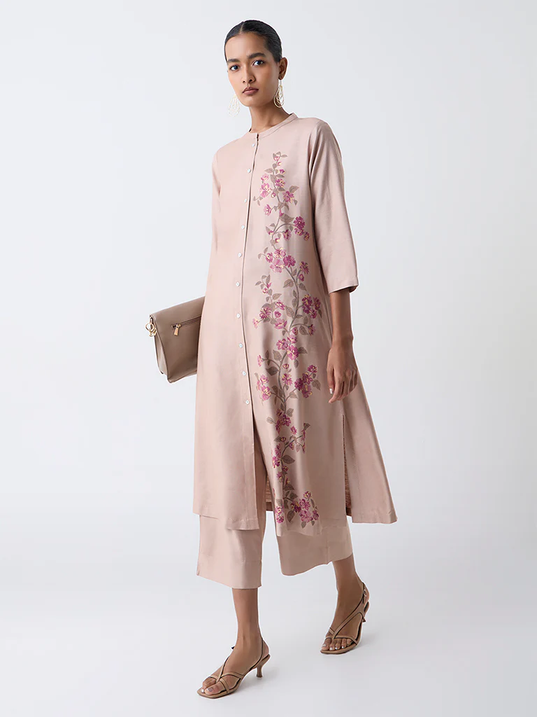 Zuba Beige Floral Printed A-Line Kurta - Image 2