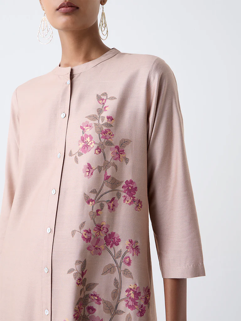 Zuba Beige Floral Printed A-Line Kurta - Image 3