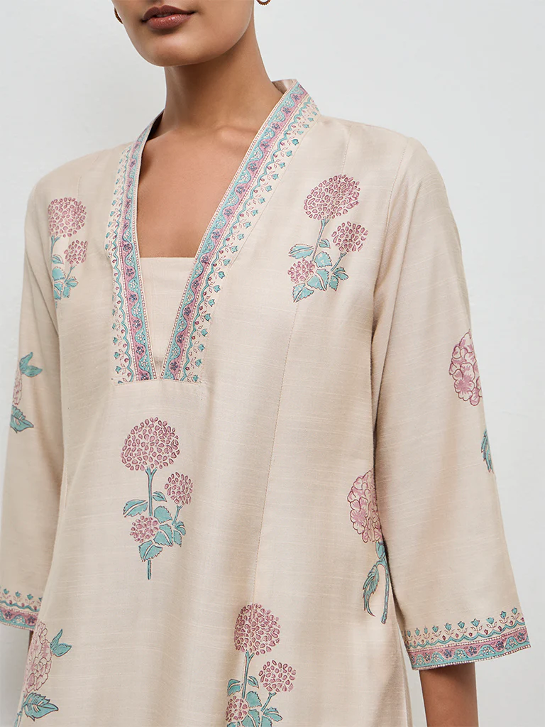 Zuba Beige Floral Printed A-Line Kurta - Image 3