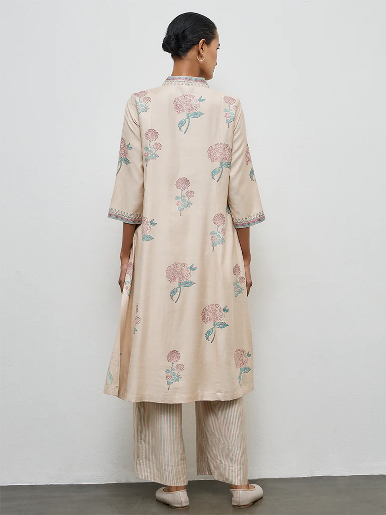 Zuba Beige Floral Printed A-Line Kurta - Image 4