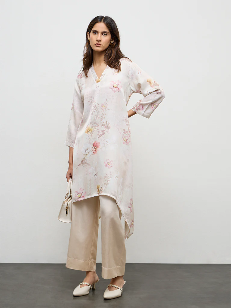 Zuba Beige Floral Printed Linen Blend A-Line Kurta