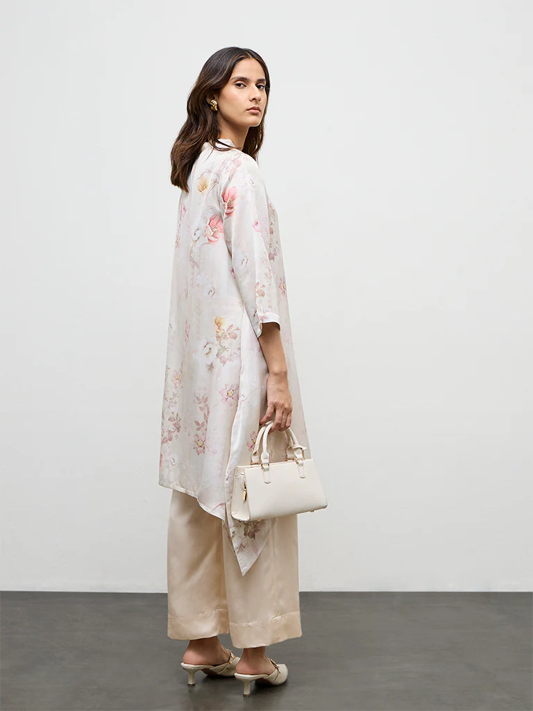 Zuba Beige Floral Printed Linen Blend A-Line Kurta - Image 4