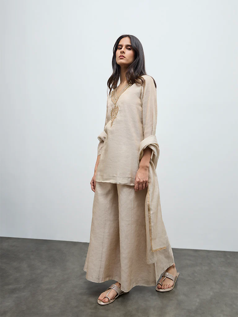Zuba Beige Metallic Palazzos - Image 2