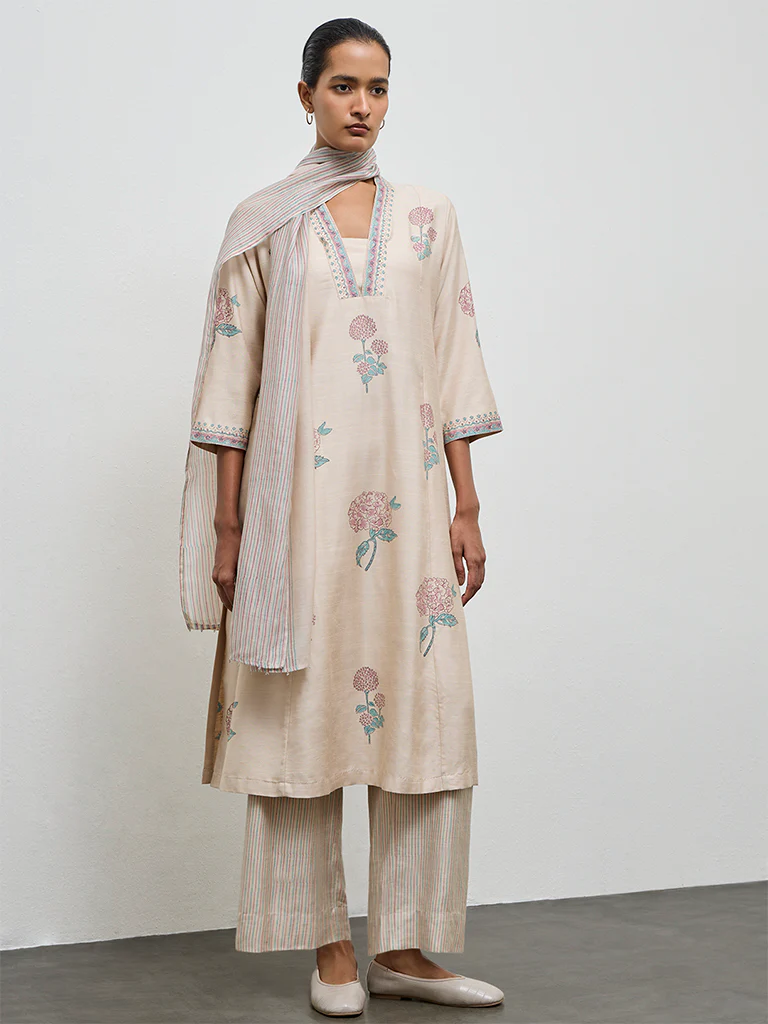Zuba Beige Stripe Printed Cotton-Blend Stole - Image 2