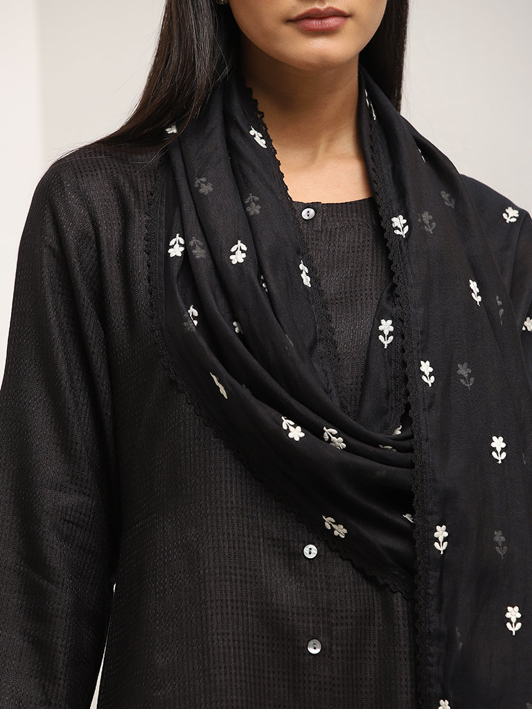 Zuba Black Floral Embroidered Dupatta - Image 2