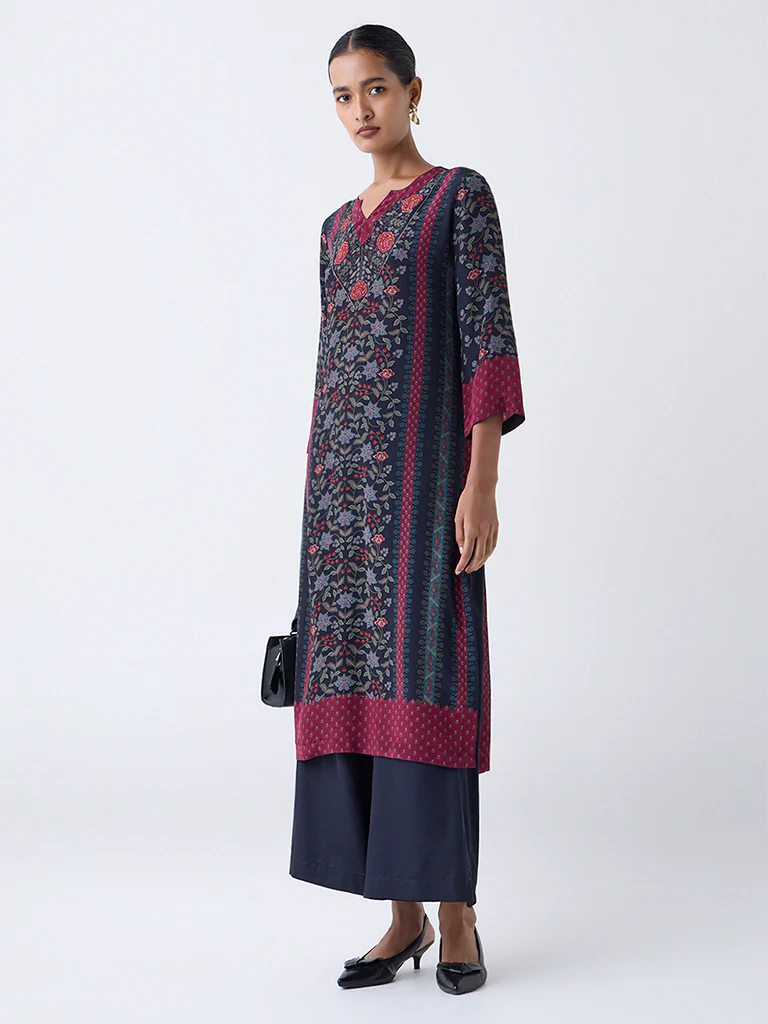 Zuba Black Floral Pattern A-Line Kurta