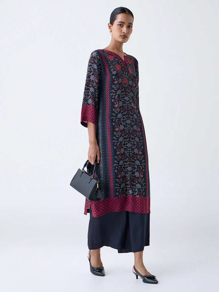 Zuba Black Floral Pattern A-Line Kurta - Image 2