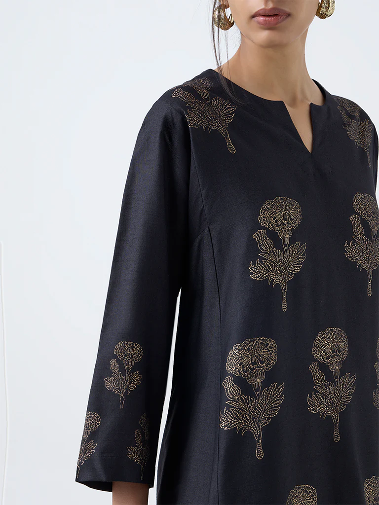 Zuba Black Floral Printed A-Line Kurta - Image 3