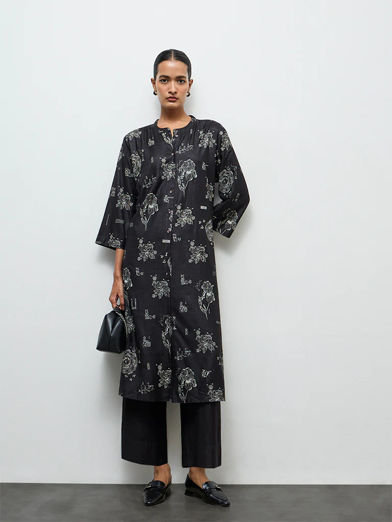 Zuba Black Floral Printed Silk Blend A-Line Kurta