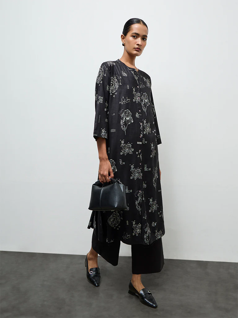 Zuba Black Floral Printed Silk Blend A-Line Kurta - Image 2