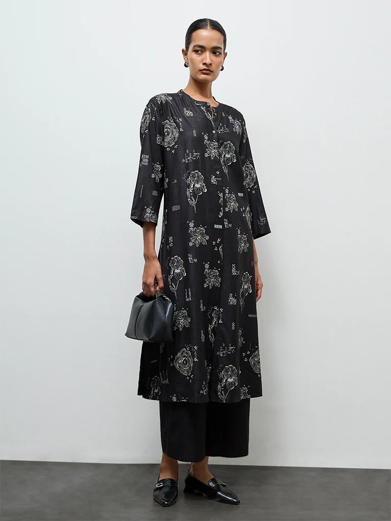 Zuba Black Solid Silk Blend Pants - Image 2