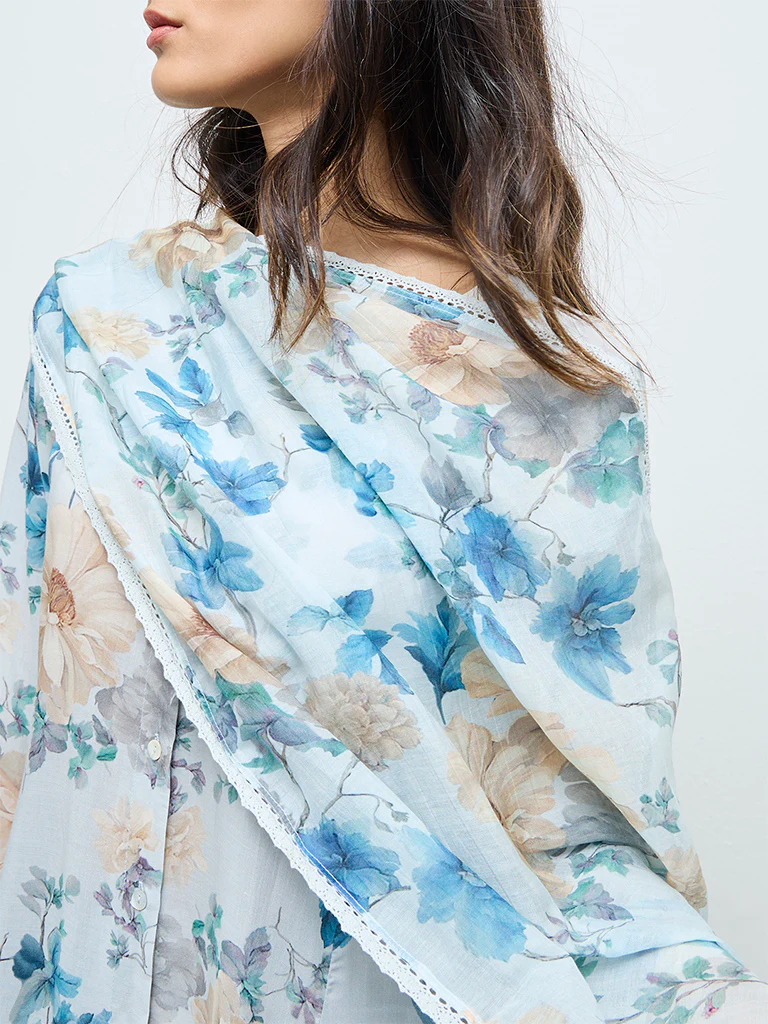Zuba Blue Floral Pattern Cotton-Blend Dupatta
