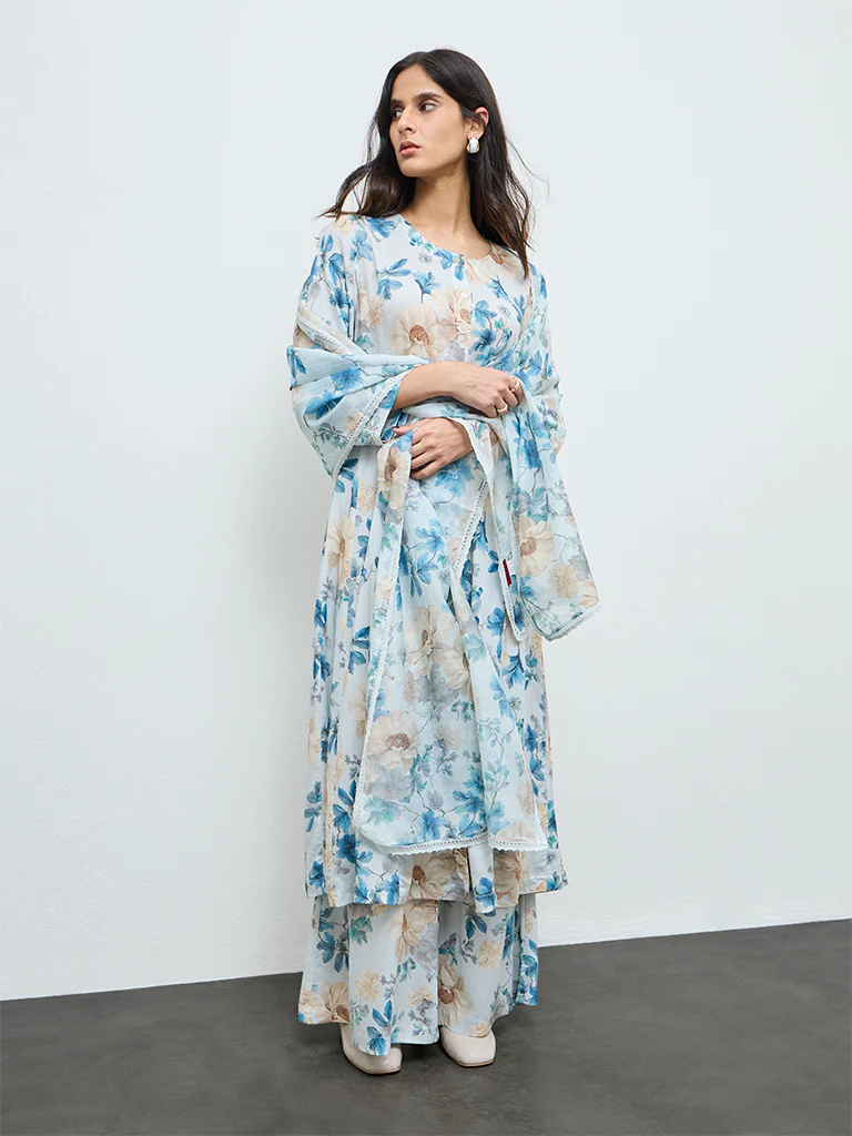 Zuba Blue Floral Pattern Cotton-Blend Dupatta - Image 2