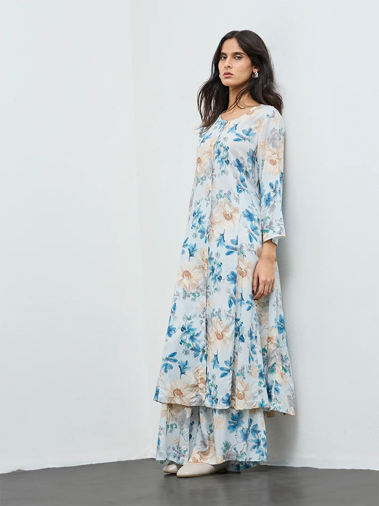 Zuba Blue Floral Printed A-Line Kurta - Image 2