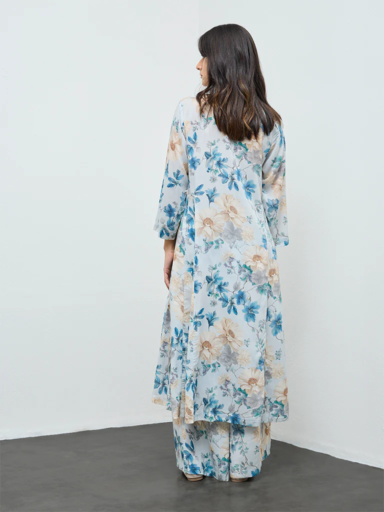 Zuba Blue Floral Printed A-Line Kurta - Image 4