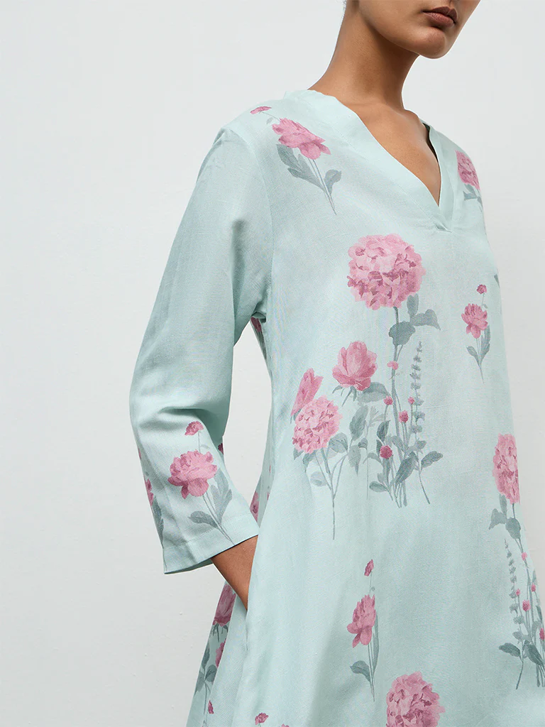 Zuba Blue Floral Printed A-Line Kurta - Image 3