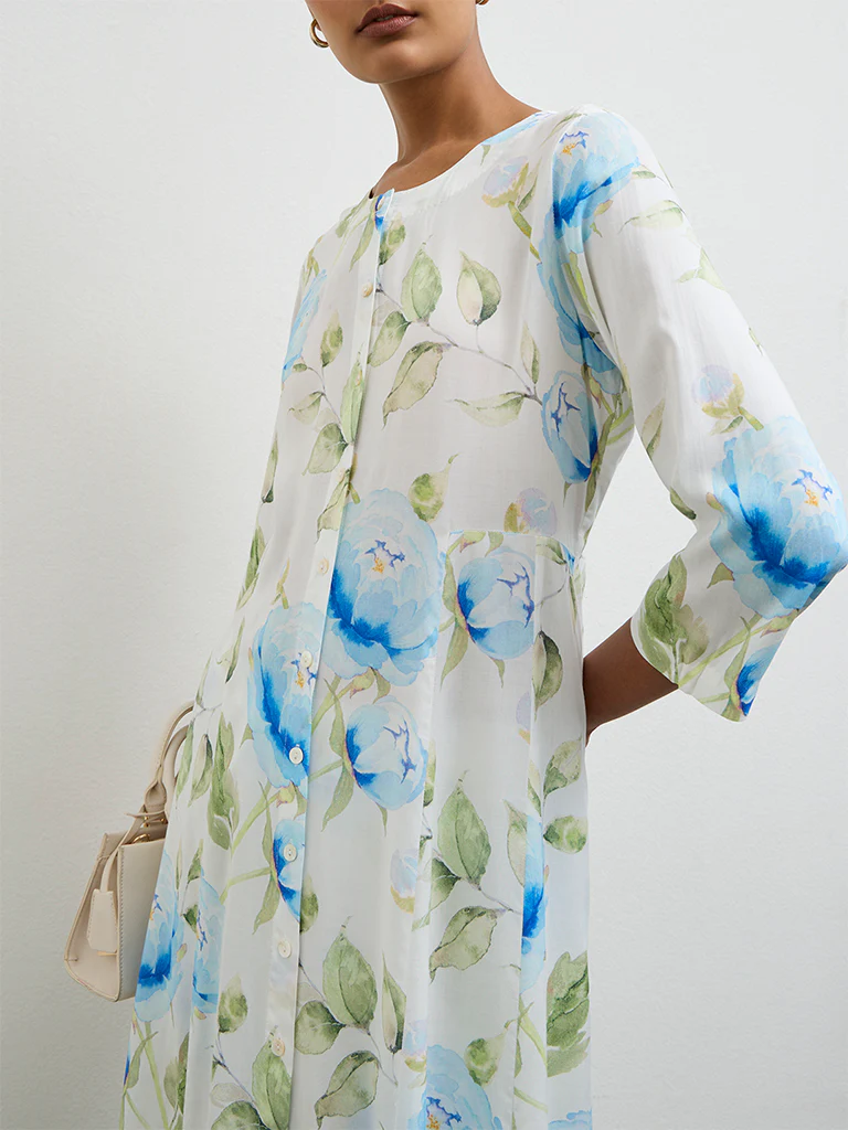 Zuba Blue Floral Printed A-Line Kurta - Image 3
