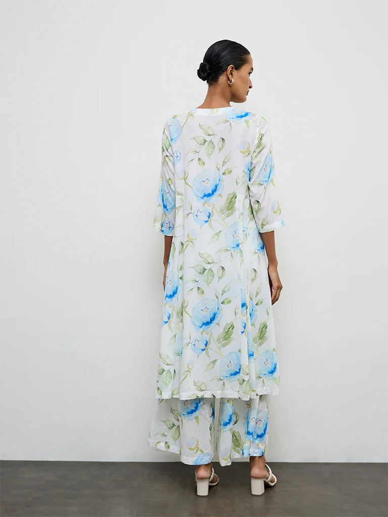 Zuba Blue Floral Printed A-Line Kurta - Image 4