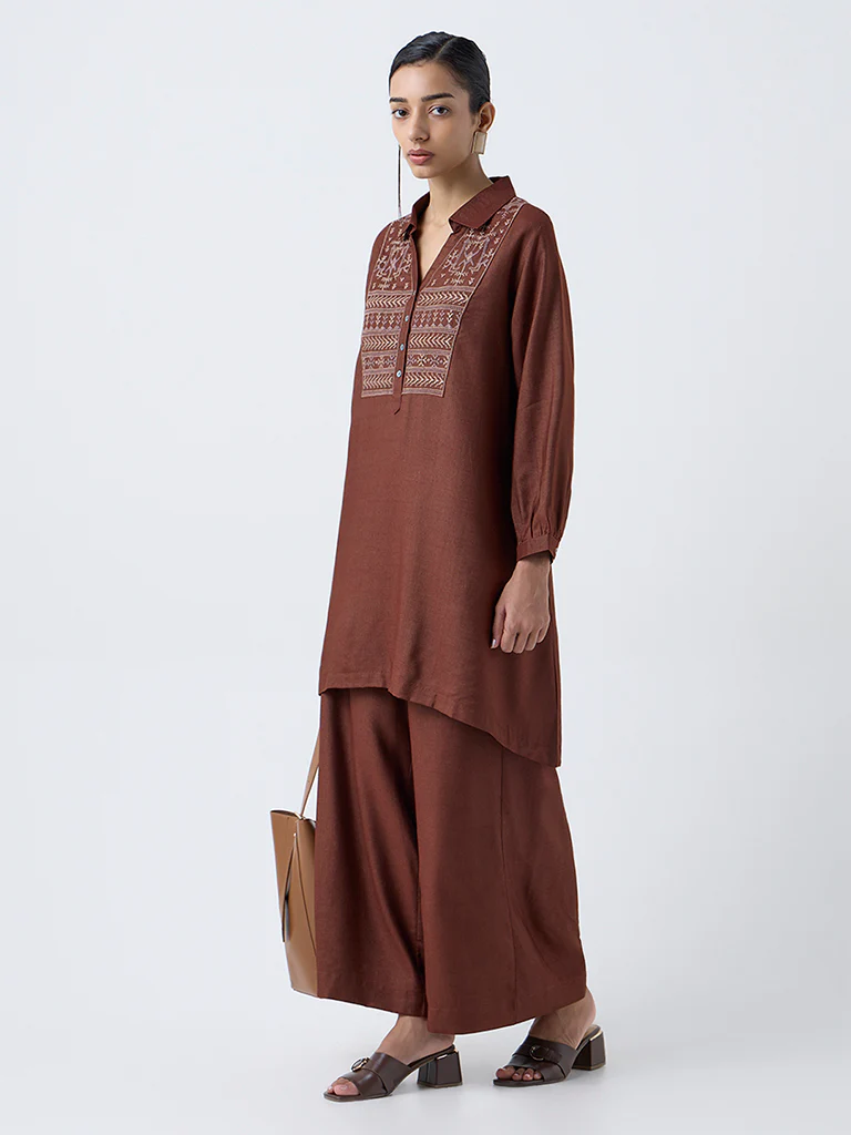 Zuba Brown Embroidered A-Line Kurta