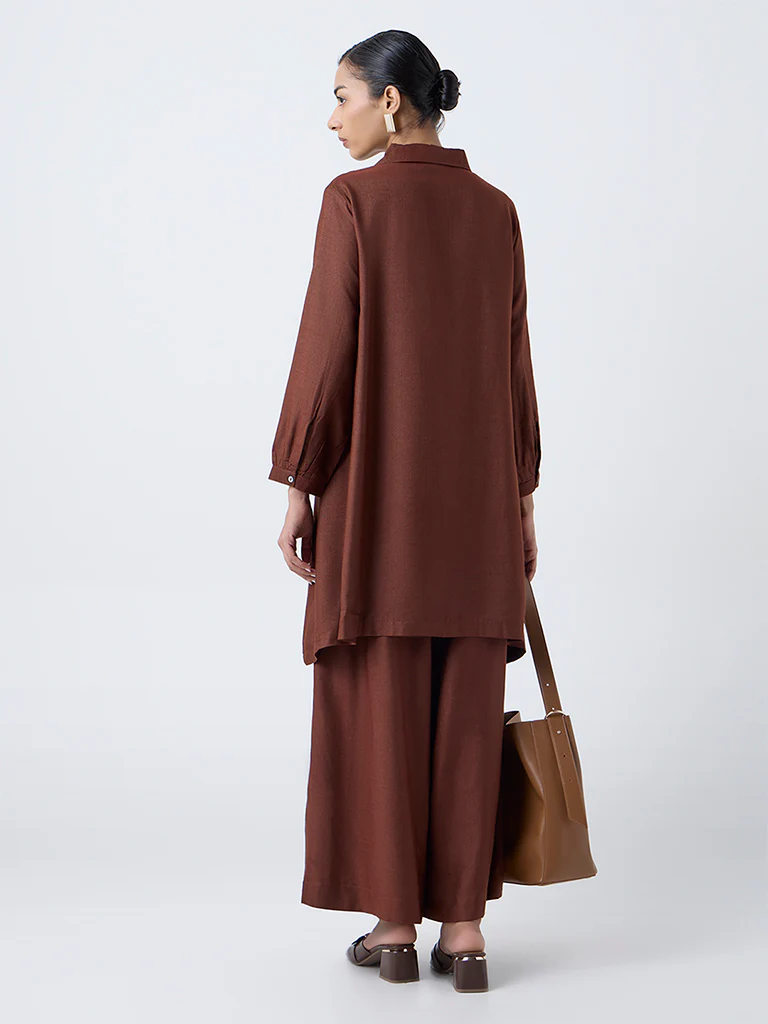 Zuba Brown Embroidered A-Line Kurta - Image 4