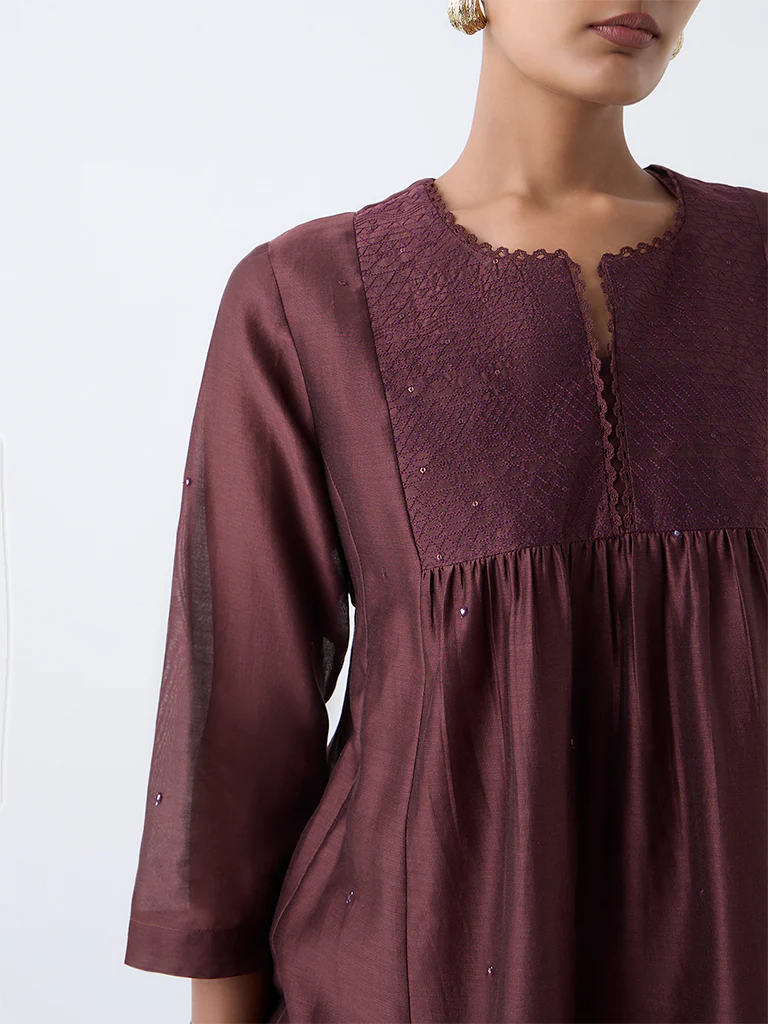 Zuba Brown Embroidered Cotton-Blend Tunic with Inner - Image 3