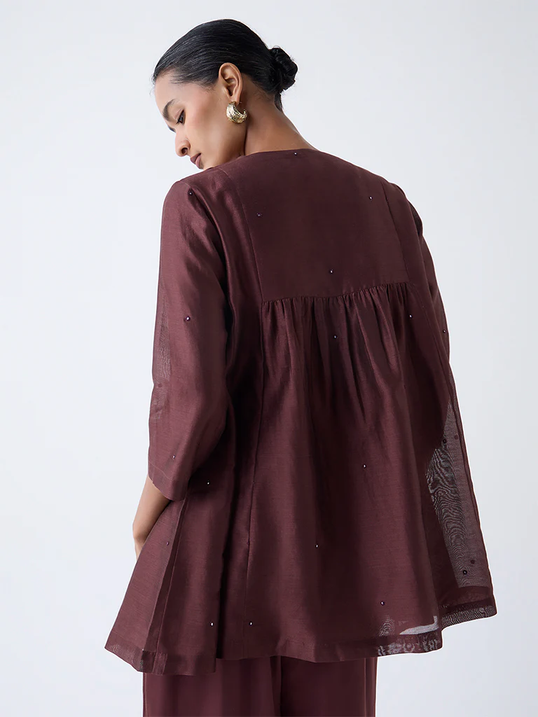 Zuba Brown Embroidered Cotton-Blend Tunic with Inner - Image 4