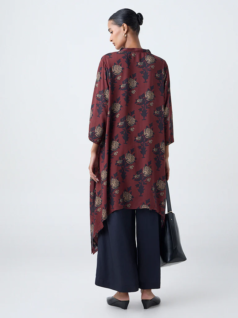 Zuba Brown Floral Pattern A-Line Kurta - Image 4