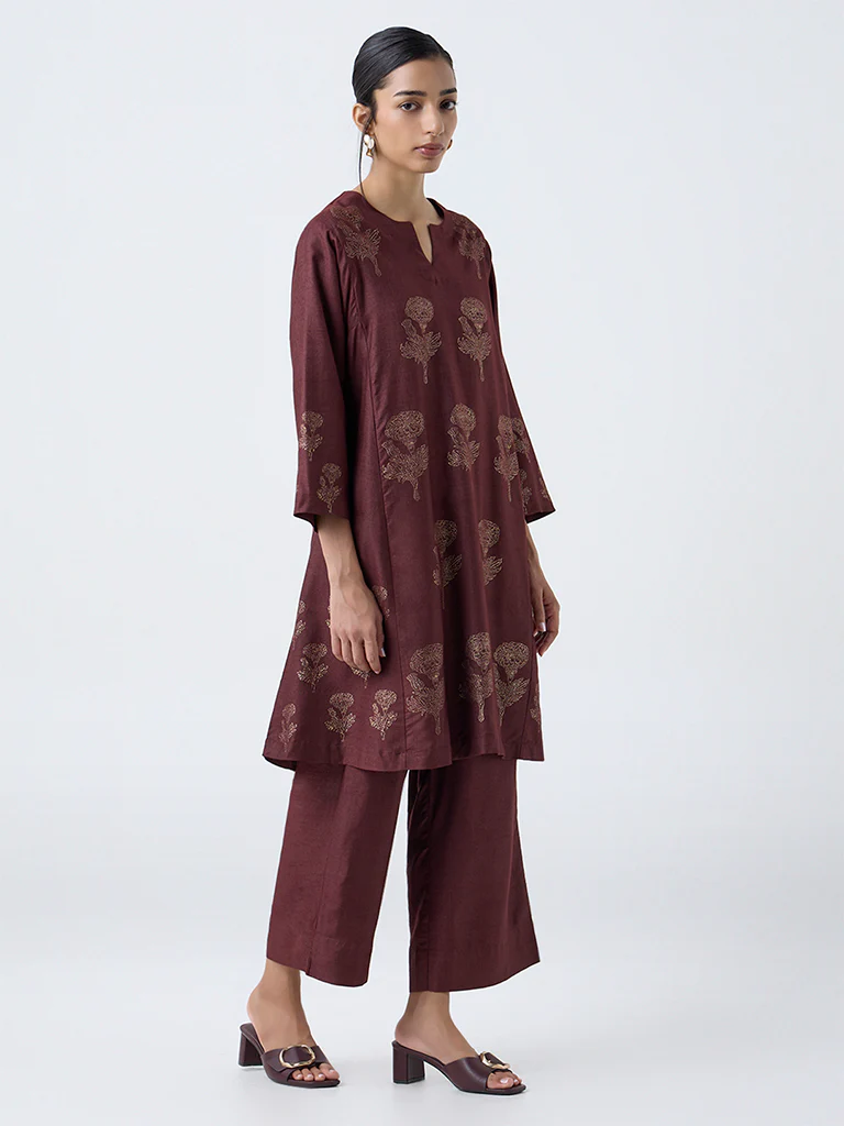Zuba Brown Floral Printed A-Line Kurta - Image 2