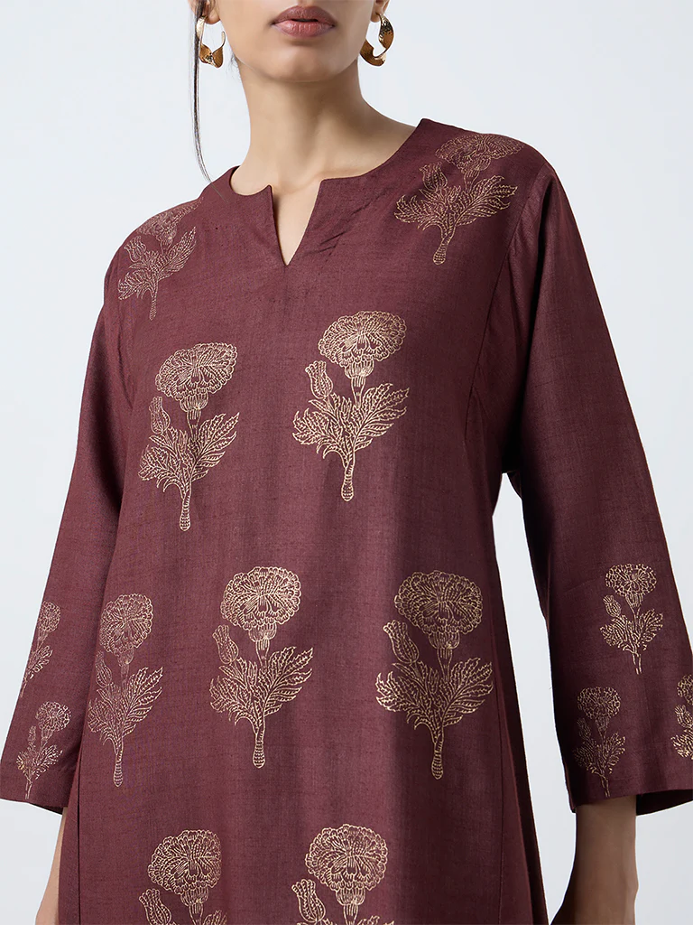 Zuba Brown Floral Printed A-Line Kurta - Image 3