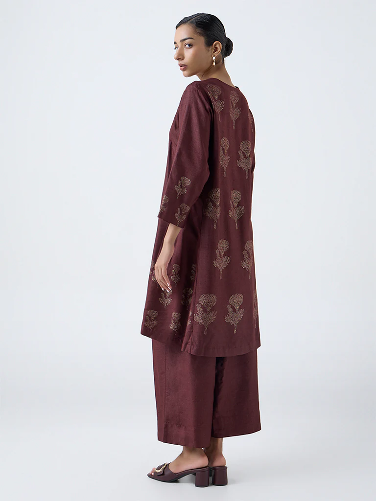Zuba Brown Floral Printed A-Line Kurta - Image 4