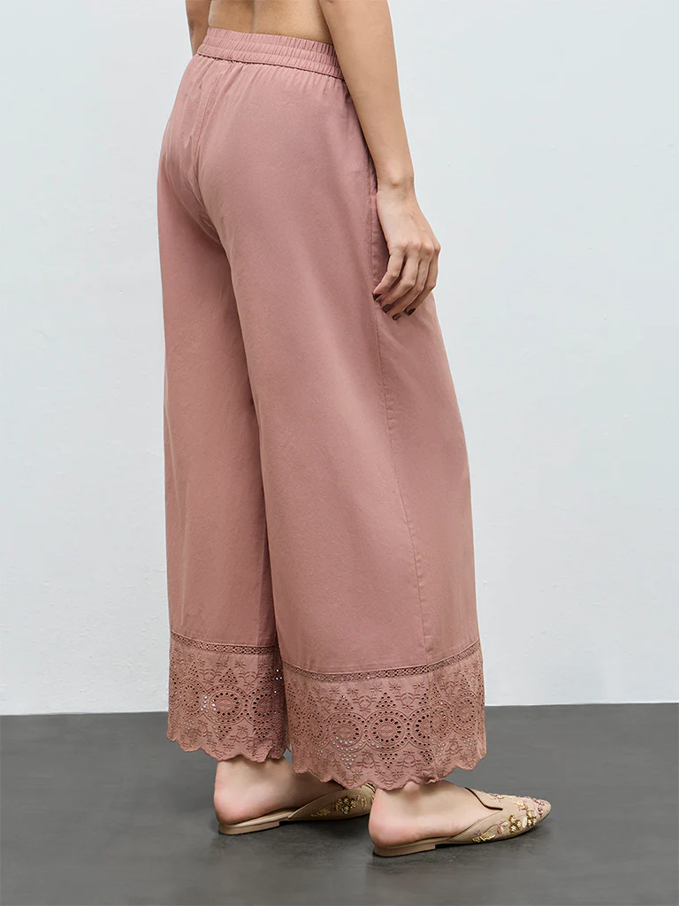 Zuba Brown Schiffli Embroidered Palazzos - Image 4