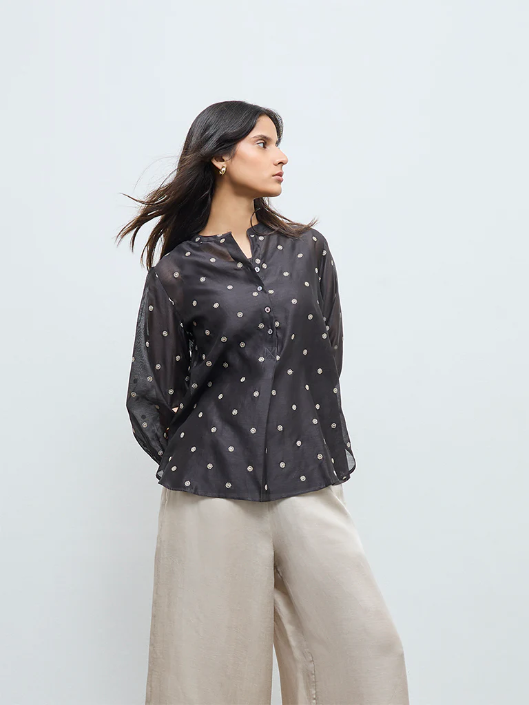 Zuba Charcoal Floral Embroidered Cotton-Blend Tunic with Inner - Image 2