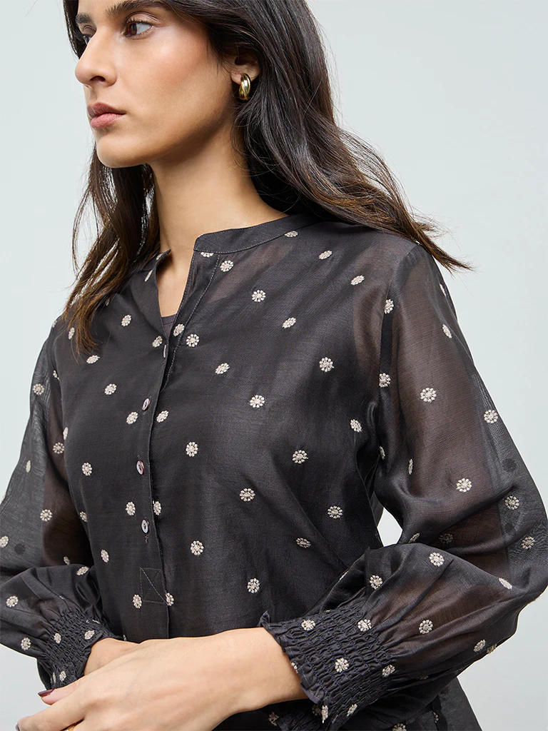 Zuba Charcoal Floral Embroidered Cotton-Blend Tunic with Inner - Image 3