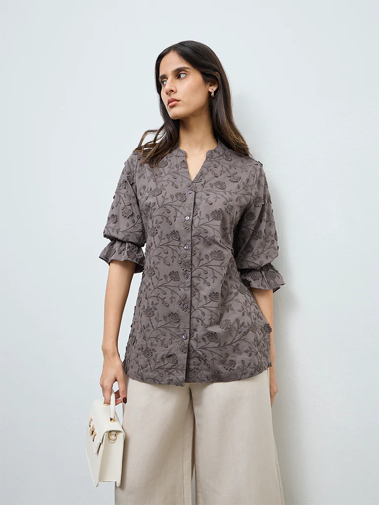 Zuba Charcoal Floral Embroidered Tunic - Image 2