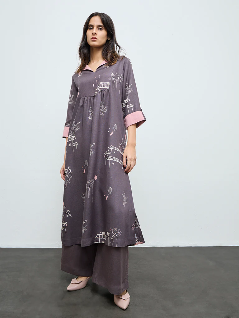 Zuba Charcoal Printed A-Line Kurta - Image 2