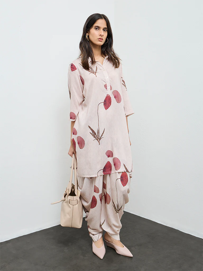 Zuba Cream Botanical Printed A-Line Kurta