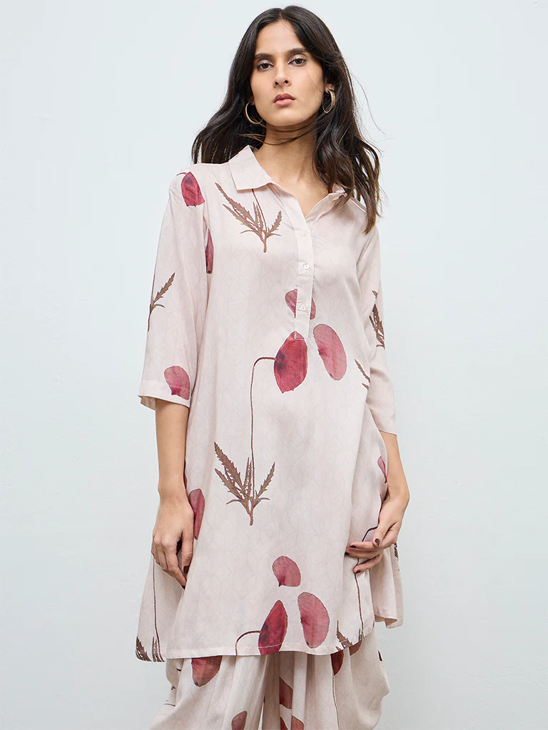 Zuba Cream Botanical Printed A-Line Kurta - Image 2