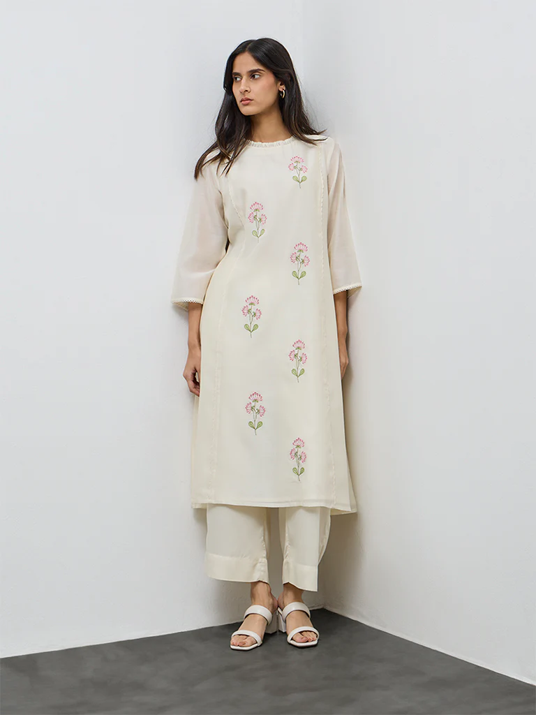 Zuba Cream Floral Embroidered Cotton-Blend A-Line Kurta