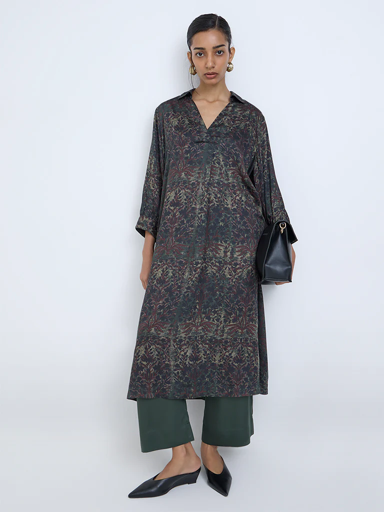 Zuba Dark Green Bagru Printed A-Line Kurta