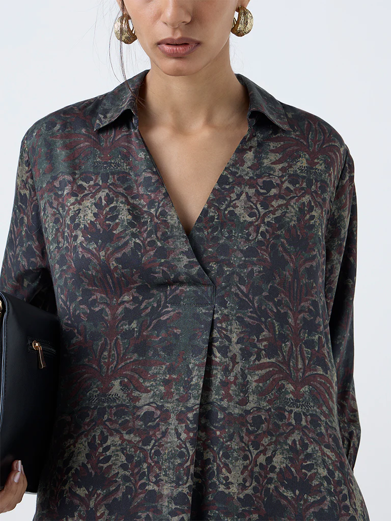Zuba Dark Green Bagru Printed A-Line Kurta - Image 3