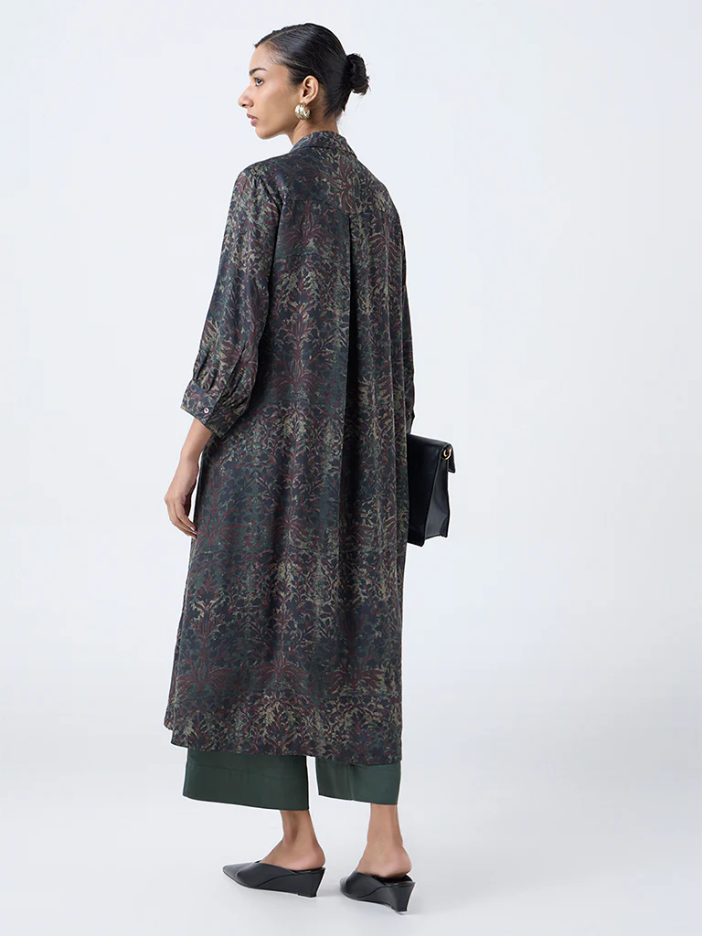 Zuba Dark Green Bagru Printed A-Line Kurta - Image 4