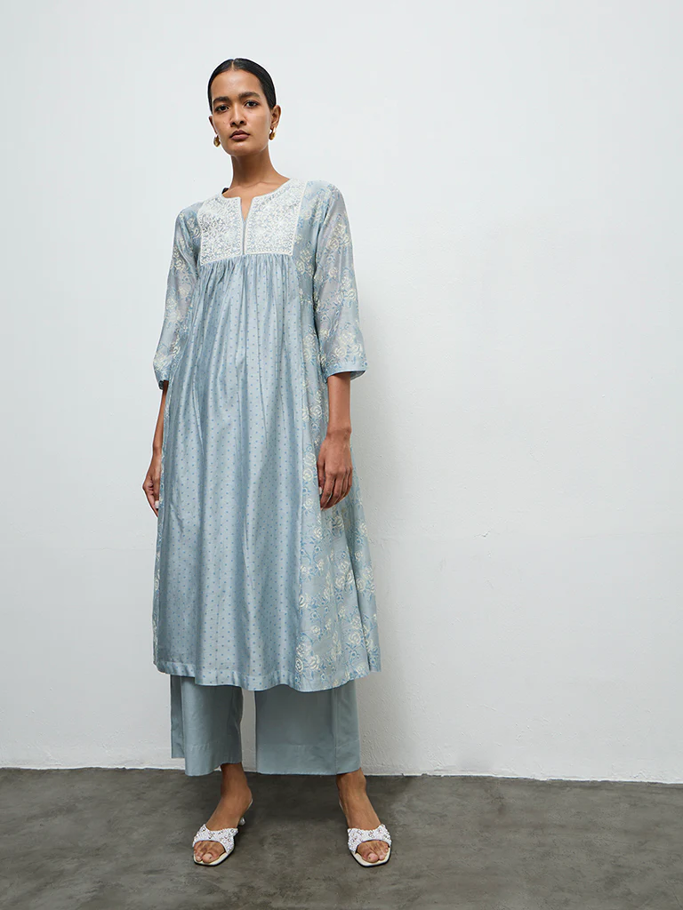 Zuba Dusty Blue Embroidered Cotton-Blend Anarkali Kurta - Image 2