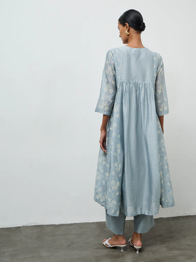 Zuba Dusty Blue Embroidered Cotton-Blend Anarkali Kurta - Image 4