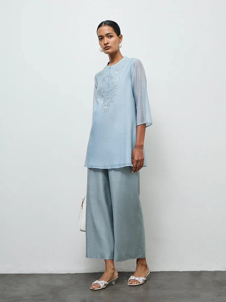 Zuba Dusty Blue Floral Embroidered Tunic - Image 2