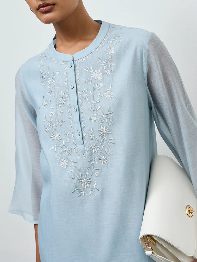 Zuba Dusty Blue Floral Embroidered Tunic - Image 3